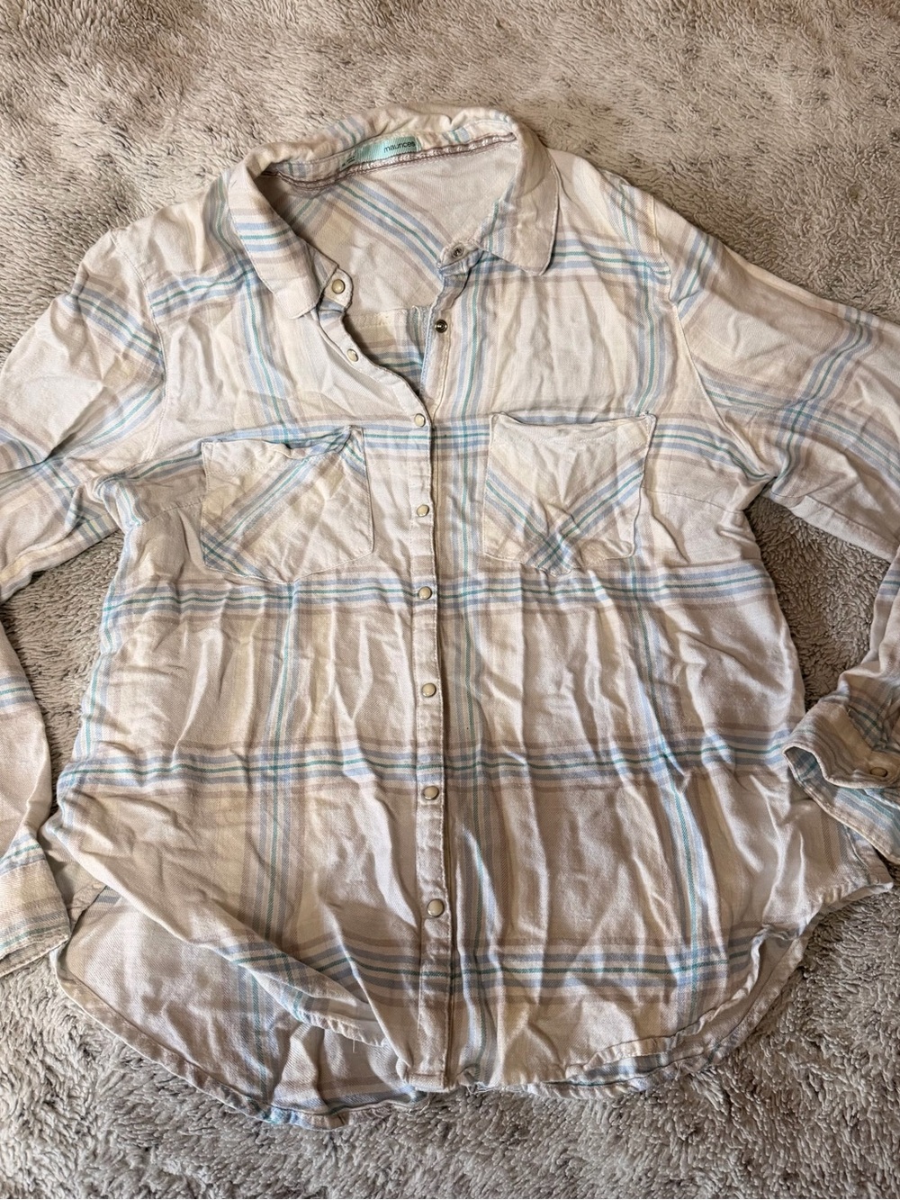 Maurices Light Cream and Blue Plaid Pearl Snap